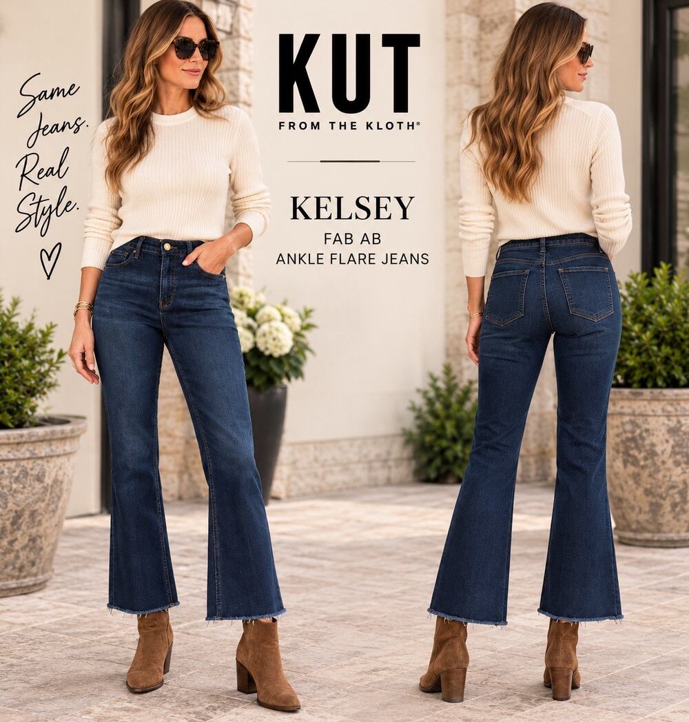 Capsule Denim KUT Kelsey Fab Ab High Rise Ankle Flare Raw Hem Dark Wash Jeans 10